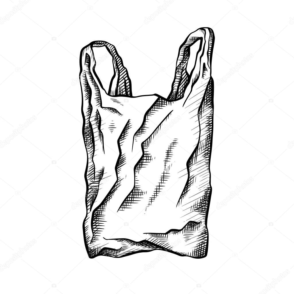 Black white line drawing of a plastic bag. Environmental pollution. Vector scribble drawing for your creativity.