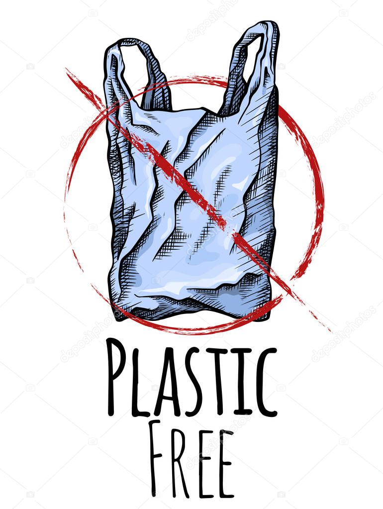 Plastic free. Coloring line drawing of a plastic bag with red prohibition sign. Environmental pollution. Vector vertical card with scribble drawing for your creativity.