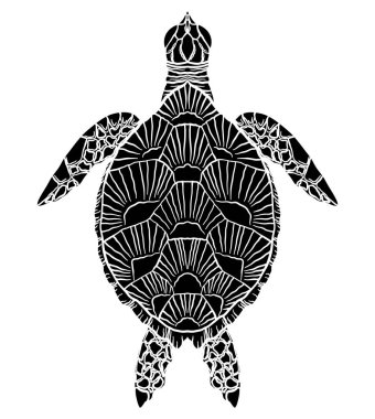 Bir deniz kaplumbağası üst görünümü siyah ve beyaz siluet. Nesne arka plandan ayrı.
