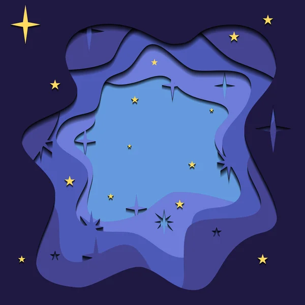 3D слой иллюстрации ночи со звездами, вырезанными из бумаги. Погодный пейзаж. Векторный шаблон — стоковый вектор