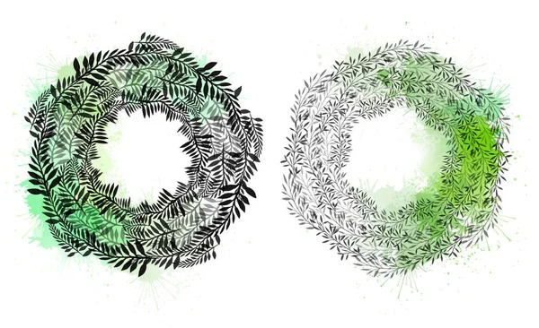Set van ronde kransen van planten en takken met bladeren met aquarel spatten. Het object is gescheiden van de achtergrond. Cirkel frame — Stockvector