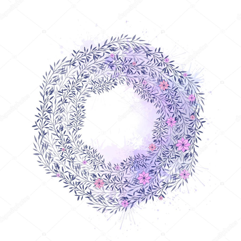 Gentle round wreath of flowers, plants and branches with leaves and watercolor splashes. The object is separate from the background. Circle frame
