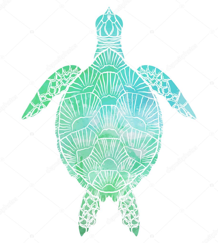 Silhouette of a sea turtle top view with turquoise watercolor background.