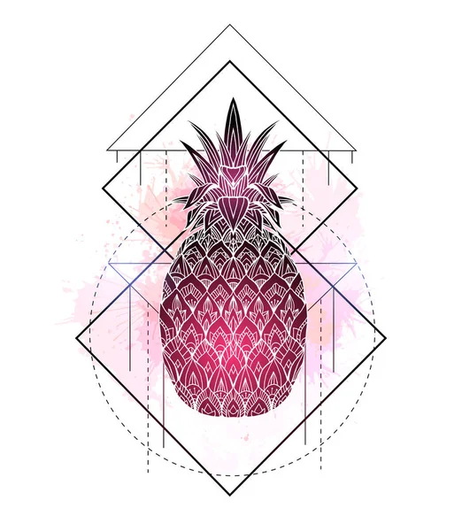 Illustrazione mistica di un ananas con un disegno di contorno e spruzzi di acquerello rosa. Disegno magico triangolare . — Vettoriale Stock