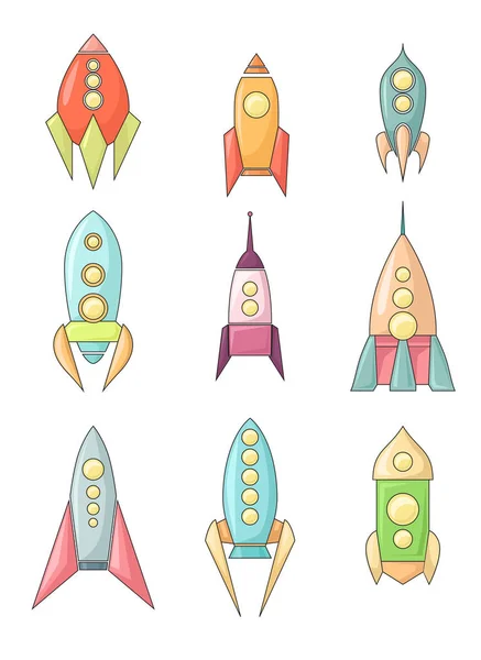 Conjunto de iconos de naves espaciales infantiles para colorear. Dibujo lineal de lanzaderas. Diferentes tipos de cohetes. Naves vectoriales — Vector de stock