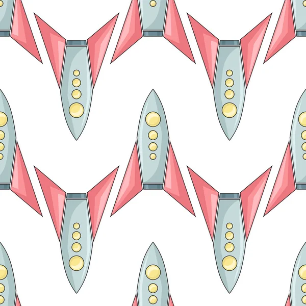 Nahtloses Muster mit einfärbenden kindischen Raumfahrzeugen auf weißem Hintergrund. lineare Zeichnung von Shuttles hintereinander. Vektortextur mit Raumschiffen — Stockvektor
