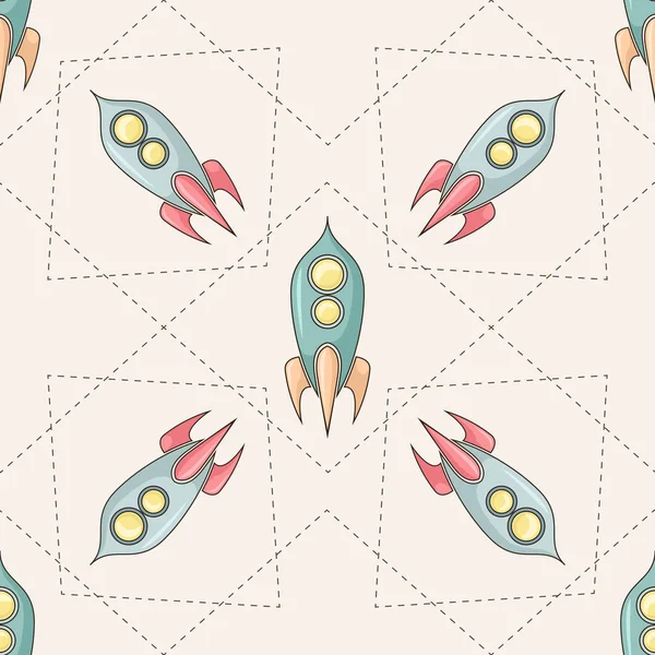 Seamless retro pattern with coloring childish spacecraft and stitches rhombus. Coloring drawing of shuttles. Vector texture with starships — Stock Vector