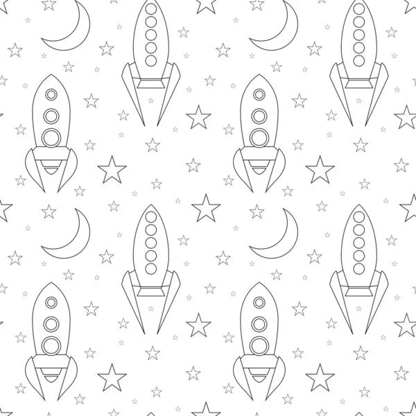 Sömlös mönster med kontur rymdfarkoster, stjärnor och månen på vit bakgrund. Linjär ritning av skyttlar. Vektor textur med rymdskepp — Stock vektor