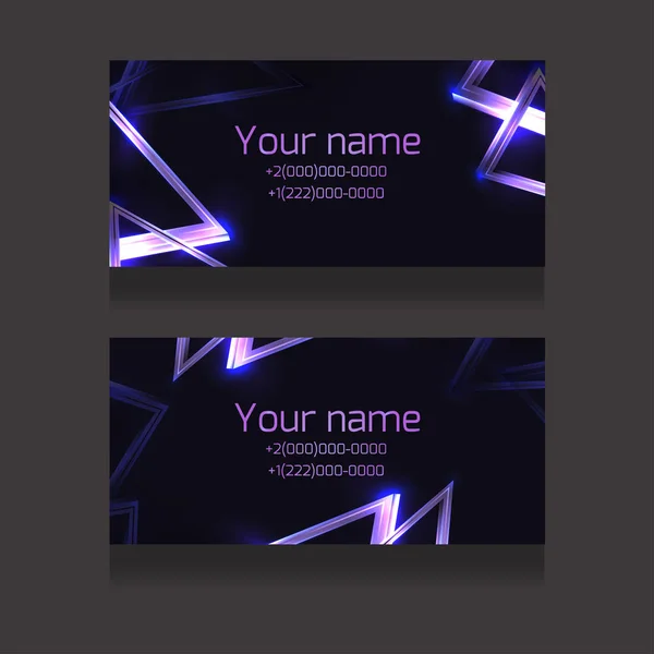 Set of business cards with abstract neon triangles and glister on dark background. Objects separate from the background. Vector template — Stock Vector