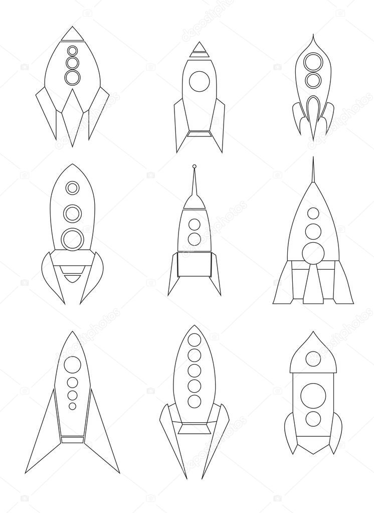 Set of outline spacecraft icons. Linear drawing of shuttles. Different types of rocket. Vector starships