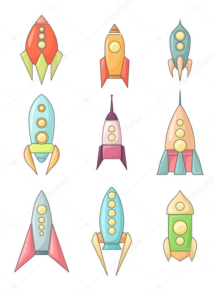 Set of coloring childish spacecraft icons. Linear drawing of shuttles. Different types of rocket. Vector starships