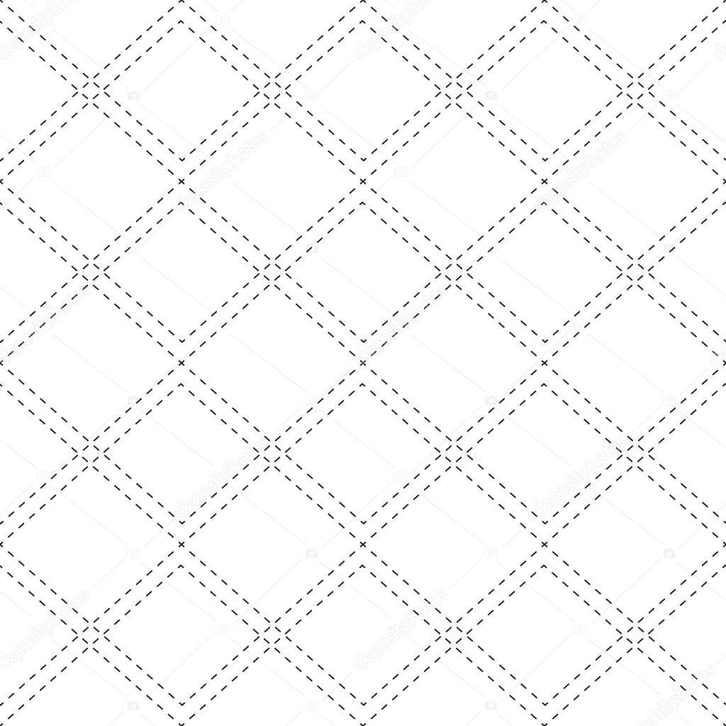 Seamless black and white pattern with contour stitches of rhombuses. The texture of the fabric and plaid. Vector background
