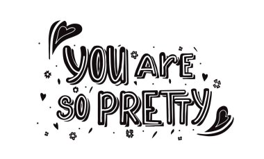 Tek renkli el çizilmiş harflerle yatay kart Doodle kalp ve çiçek dekorasyon u kadar güzel. Sevimli iltifat f