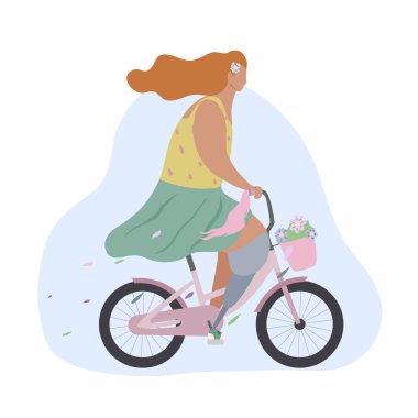 Sepette çiçekler ile pembe bisiklet bacak protezi ile aktif modern romantik kız. Modern düz illüstrasyon yan görünüm. Herkes için yaz sporyaşam tarzı.
