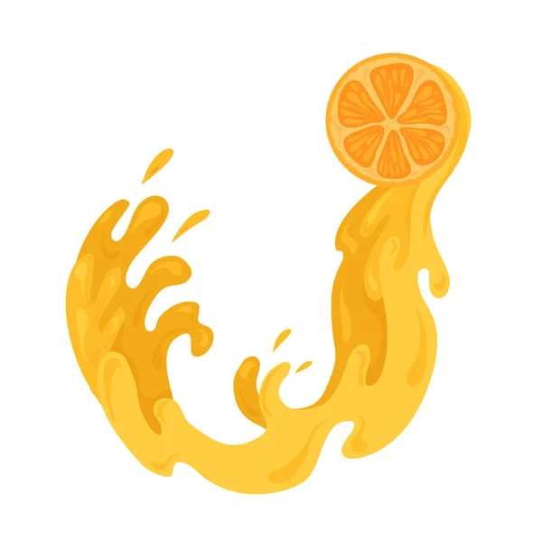 Ilustração plana de derramar suculento de uma fatia de laranja. Fluxo de água com gota. Comida vegetariana. Elemento vetorial — Vetor de Stock