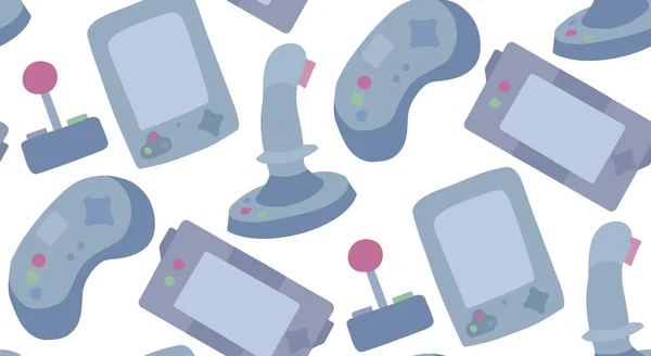 Modèle sans couture avec des illustrations plates de divers joysticks et consoles de jeu sur fond blanc. Texture vectorielle f — Image vectorielle