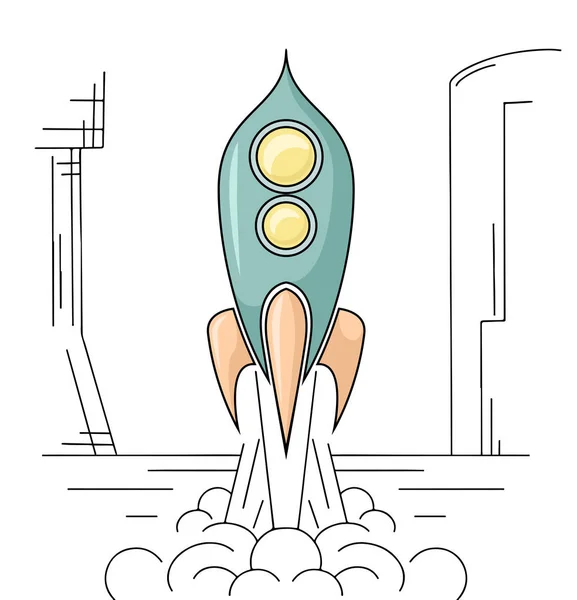 Desenho de esboço de foguete retro decolando de um porto espacial. Ônibus Espacial. Desenho linear vetorial —  Vetores de Stock