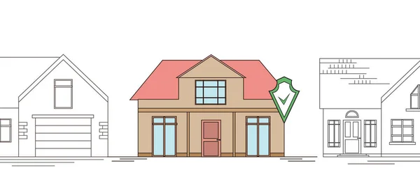 Horizontal outline drawing of a country house with a security shield. Smart home with alarm on the background of ordinary homes. The house is guarded. Line art — Stock Vector