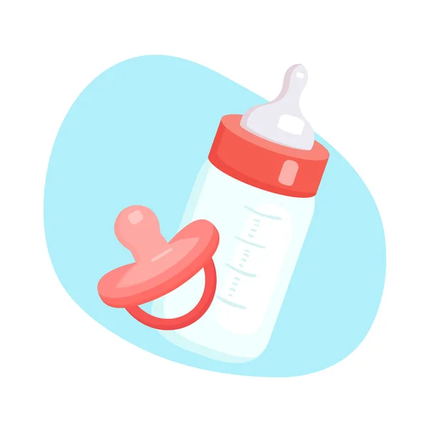 Flat illustration of baby bottle with milk and pacifier. Artificial feeding of babies. Object is separate from background. Child cartoon illustration — Stock Vector
