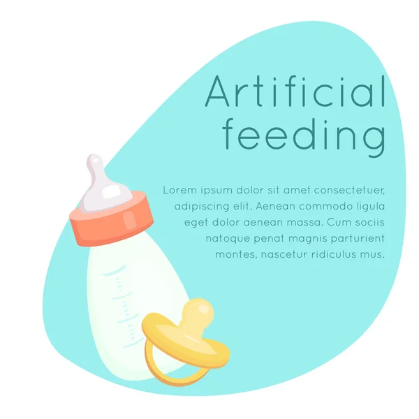 Πλαίσιο με επίπεδη απεικόνιση μπουκαλιού μωρού με γάλα, πιπίλα και θέση για κείμενο. Τεχνητή σίτιση μωρών. Το αντικείμενο είναι ξεχωριστό από το παρασκήνιο. Εικονογράφηση παιδικού κινουμένων σχεδίων — Διανυσματικό Αρχείο