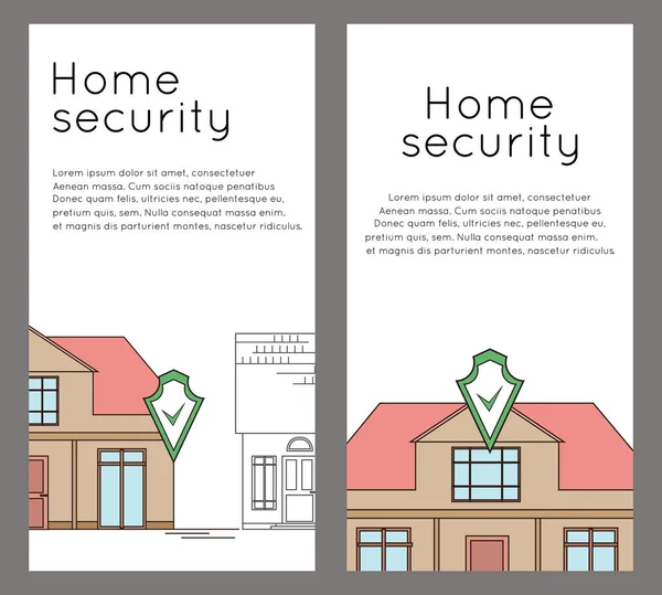 Reihe von vertikalen Bannern mit Umrisszeichnung des Hauses mit Sicherheitsschild. Smart Home mit Alarm vor dem Hintergrund gewöhnlicher Häuser. Das Haus wird bewacht. — Stockvektor