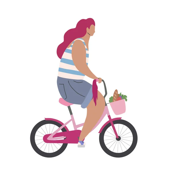Aktywna nowoczesna dziewczyna Hipster na różowy rower z zakupami. Nowoczesny płaski widok z boku ilustracji. Letni sportowy styl życia. — Wektor stockowy
