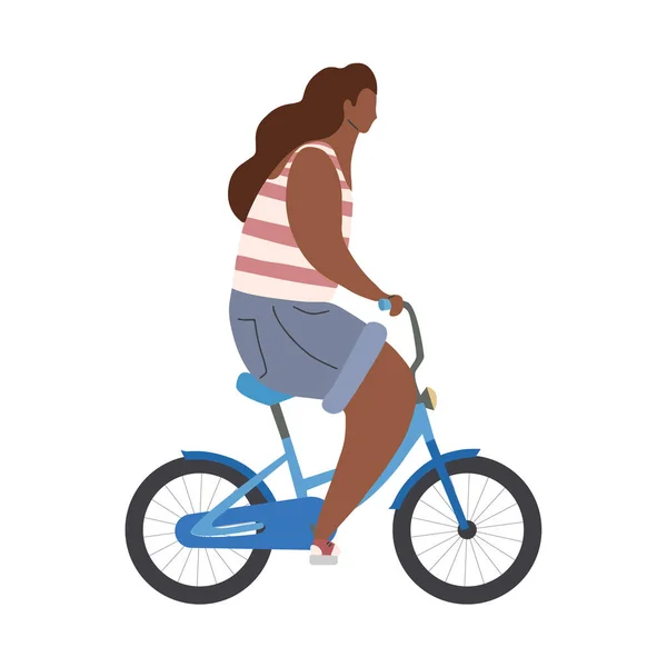 ランプ付き青いバイクにアクティブな現代ヒップスターアフリカの女の子。モダンなフラットイラストサイドビュー。サマースポーツライフスタイル. — ストックベクタ