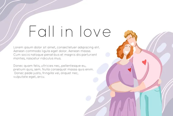 Modelo de banner do site com casal feliz abraçando e rindo com lugar para texto. Relações e amor. Pessoas de família modernas planas . —  Vetores de Stock