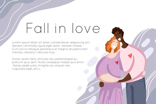 Uluslararası mutlu çift sarılma ve metin için yer ile site afiş Şablonu. İlişkiler ve aşk. Farklı insanların ailesi. — Stok Vektör