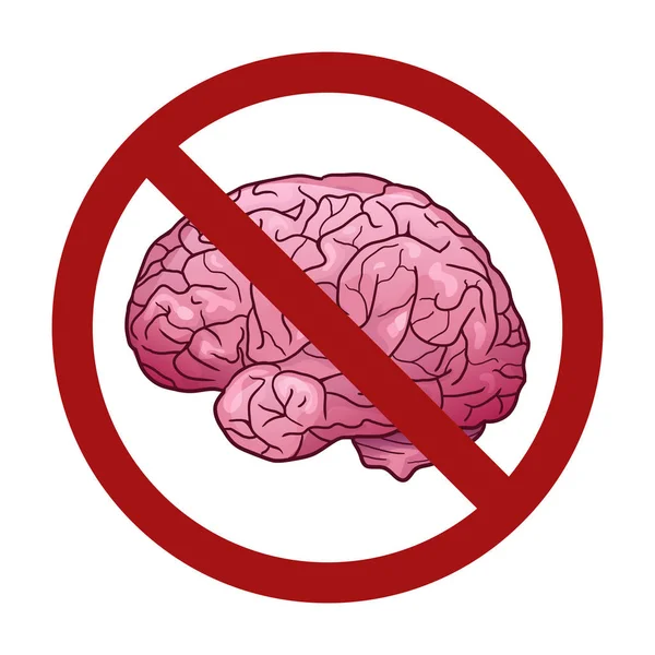 Cerebro humano en un estilo de dibujos animados en el signo de prohibición. Prohibición de pensamientos. Rechazo del conocimiento . — Vector de stock