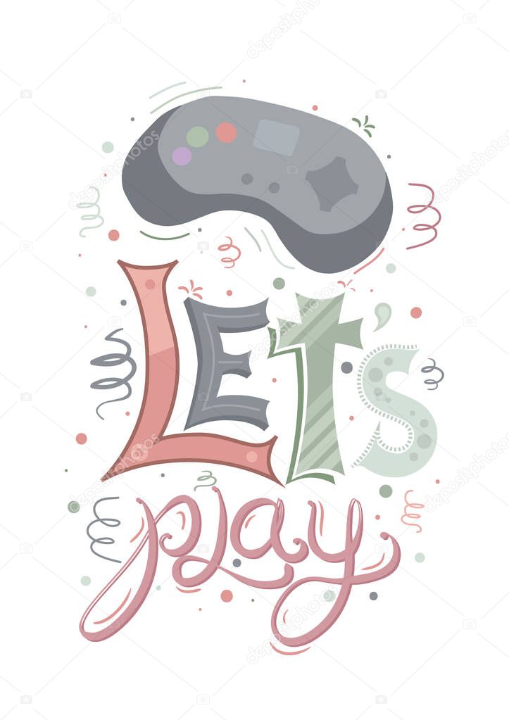 Retro gaming joystick with multicolored lettering Lets play and different patterns on white background. Child vector element