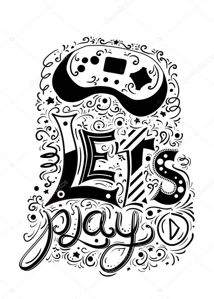 Black and white poster with retro gaming joystick with lettering Lets play and different patterns on white background. Child vector element