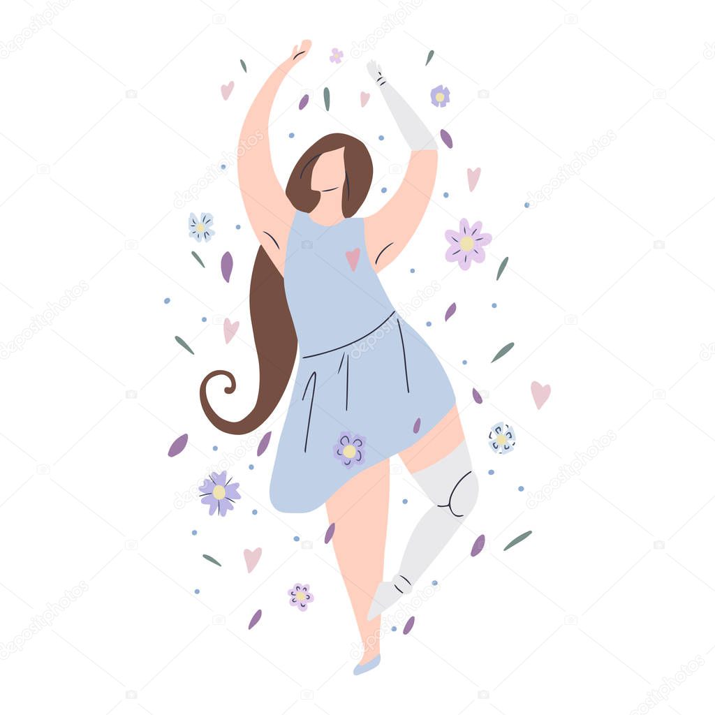 Beautiful girl dancing in flowers with prosthetic arm and leg. Modern flat illustration of a strong self sufficient woman. Self love and body positive