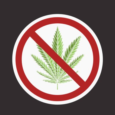 Yasak tabelasında marihuana yaprağının renk çizimi. Esrar yasağı. Sigara otları durdurun.