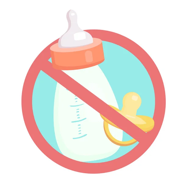 Anak-anak botol dengan susu dan pasifer dalam tanda larangan. Larangan makanan buatan. Alergi Waspada . - Stok Vektor