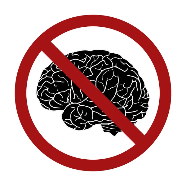 Silueta cerebro humano en el signo de prohibición. Prohibición de pensamientos. Rechazo del conocimiento . — Vector de stock