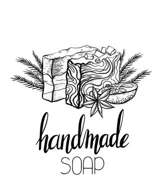 Turuncu, ardıç dalları ve yıldız anason ve yazı ile el yapımı sabun Vektör anahat illüstrasyon. Kaligrafili kart. Şablon