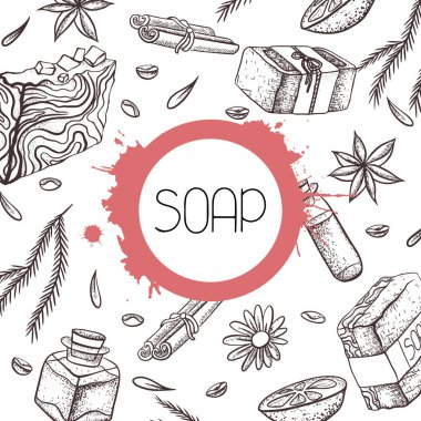 El yapımı sabun ve suluboya sıçrama çizim çizim ile kare kart. Boyalı sabun, yağ, calendula, tarçın ve kahve ile kaplayın. Vektör şablonu