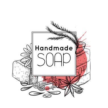 El yapımı sabun malzemelerinin çizim çizim ile kare kart. Boyalı sabun, yağ, calendula, tarçın ve kahve ile kaplayın. Vektör şablonu