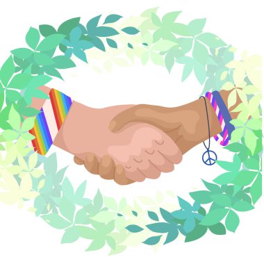 Yeşil yaprakları dalları el sıkışma Vektör düz illüstrasyon. Uluslararası Dostluk Günü. Birlik ve takdir. Eko karikatür resmi