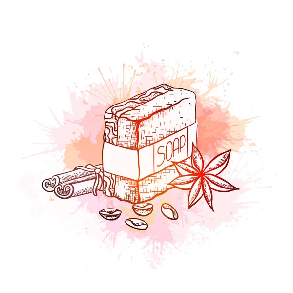 Illustrazione vettoriale del sapone fatto a mano con bastoncini di cannella, chicchi di caffè e anice stellato su spruzzi di acquerello e spray. Disegno disegnato a mano — Vettoriale Stock