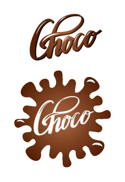 Juego de letras Choco. Caligrafía de pincel. Inscripción de chocolate con salpicadura. El objeto está separado del fondo. Elemento de tinta vectorial — Archivo Imágenes Vectoriales