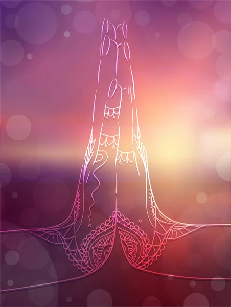 Indische Hände in mehendi in Yoga-Meditationsgeste auf verschwommener Meereslandschaft. namaste mudra auf dem Hintergrund des Sonnenuntergangs. — Stockvektor