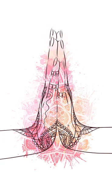 Manos indias en mehndi en gesto de meditación de yoga en mandala paisley. Namaste mudra en salpicadura de acuarela rosa. Calma y paz. Tarjeta vectorial — Archivo Imágenes Vectoriales