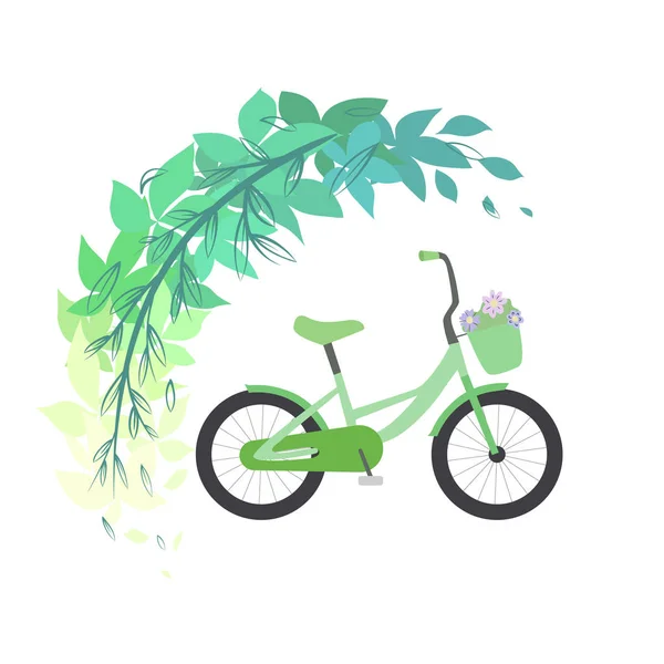 Çevre dostu ulaşım. Yaprakların dallarında çiçeklerle yeşil bisiklet. Spor yaşam tarzı. Yaz hobisi. Vektör düz illüstrasyon — Stok Vektör