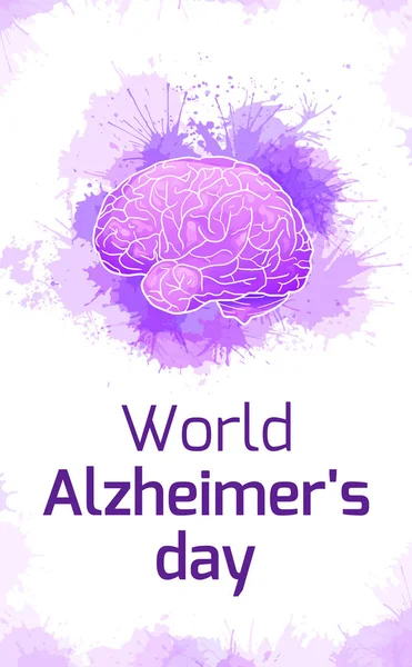 Międzynarodowy Dzień Alzheimera. Pionowa karta z ludzkim mózgiem na fioletowych plamach akwarelowych. Choroba i wyginięcie. Banner wektorowy — Wektor stockowy