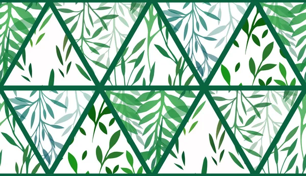 Nahtlose geometrische Struktur mit Dreiecken aus Gras und Farn in Reihe auf grünem Hintergrund. grüne Zweige mit Laub und Blättern. natürliches Muster — Stockvektor