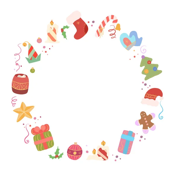 Cerchio cornice festiva con ornamento, hollie, regalo, dolce, cappello di Babbo Natale, serpentino, muffole e coriandoli. Modello di Natale rotondo — Vettoriale Stock