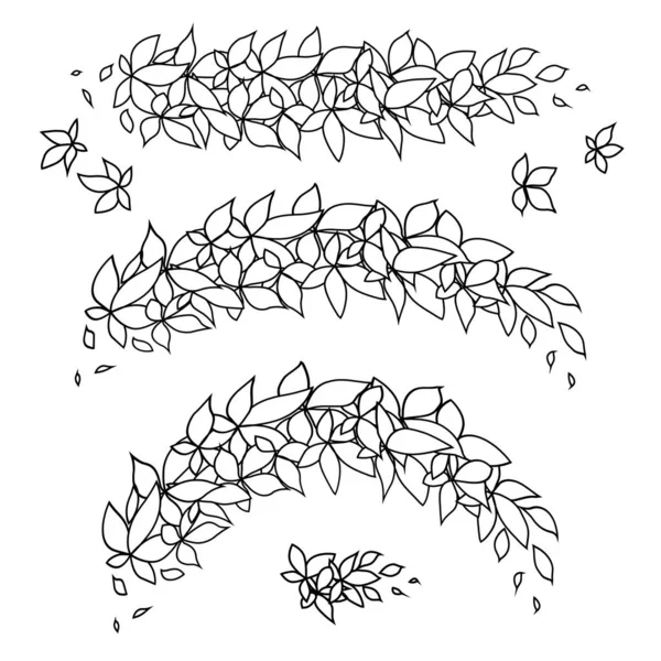 Set contour takken met bladeren van verschillende bochten. Bladeren en scheuten. Vector lijn kunst — Stockvector