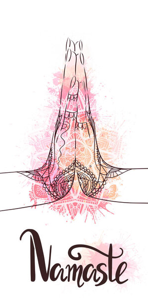 Индийские руки в mehndi в медитации йоги жест на мандала paisley и буквы. Намасте мудра на розовой акварели. Спокойствие и покой. Векторная карта Лицензионные Стоковые Векторы